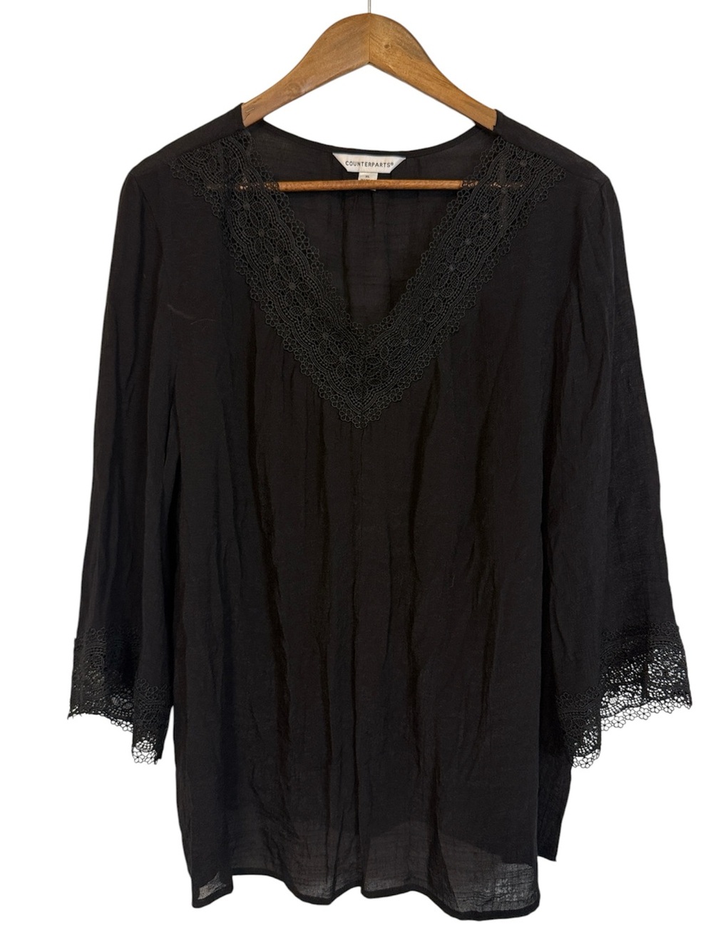 NWT Crochet Yoke Long Sleeve Blouse Lace Trim Lightweight Boho Goth XL Flowy